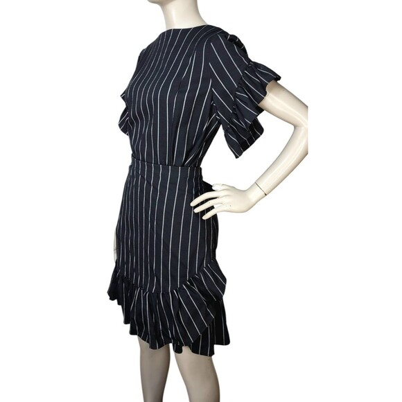 Supply & Demand Pinstriped Ruffled Flutter Sleeve Wrap Dress Large NEW - Picture 1 of 11
